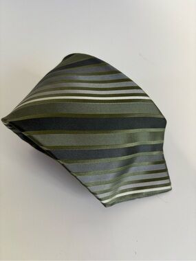 Vintage Perry Ellis Olive and Gray Striped Men's Tie